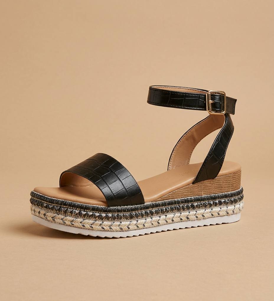 Sandalia Plataforma Cuero Croco Tobillera Tachuelas Doradas Mujer