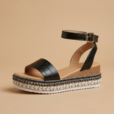Sandalia Plataforma Cuero Croco Tobillera Tachuelas Doradas Mujer