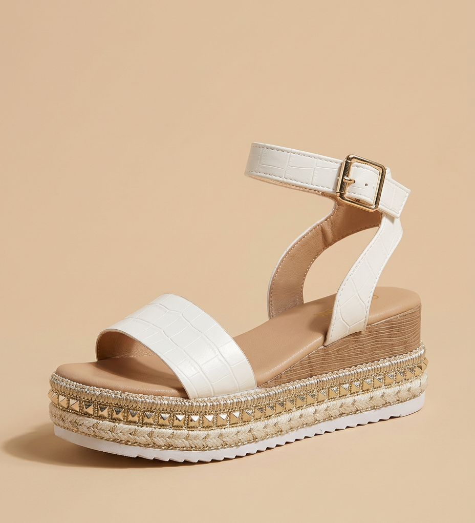 Sandalia Plataforma Cuero Croco Tobillera Tachuelas Doradas Mujer