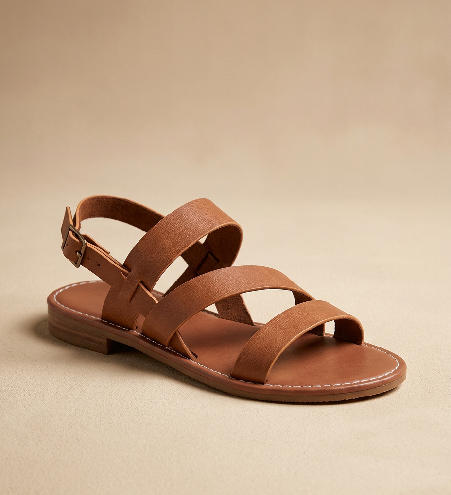 Sandalia Plana Cuero Tres Tiras Slingback Suela Lug Mujer