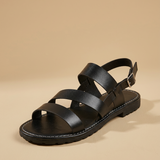 Sandalia Plana Cuero Tres Tiras Slingback Suela Lug Mujer