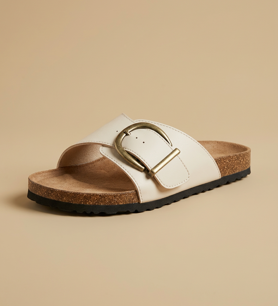 Sandalia Mule Corcho Ante Grabado Hebilla Grande Dorada Mujer