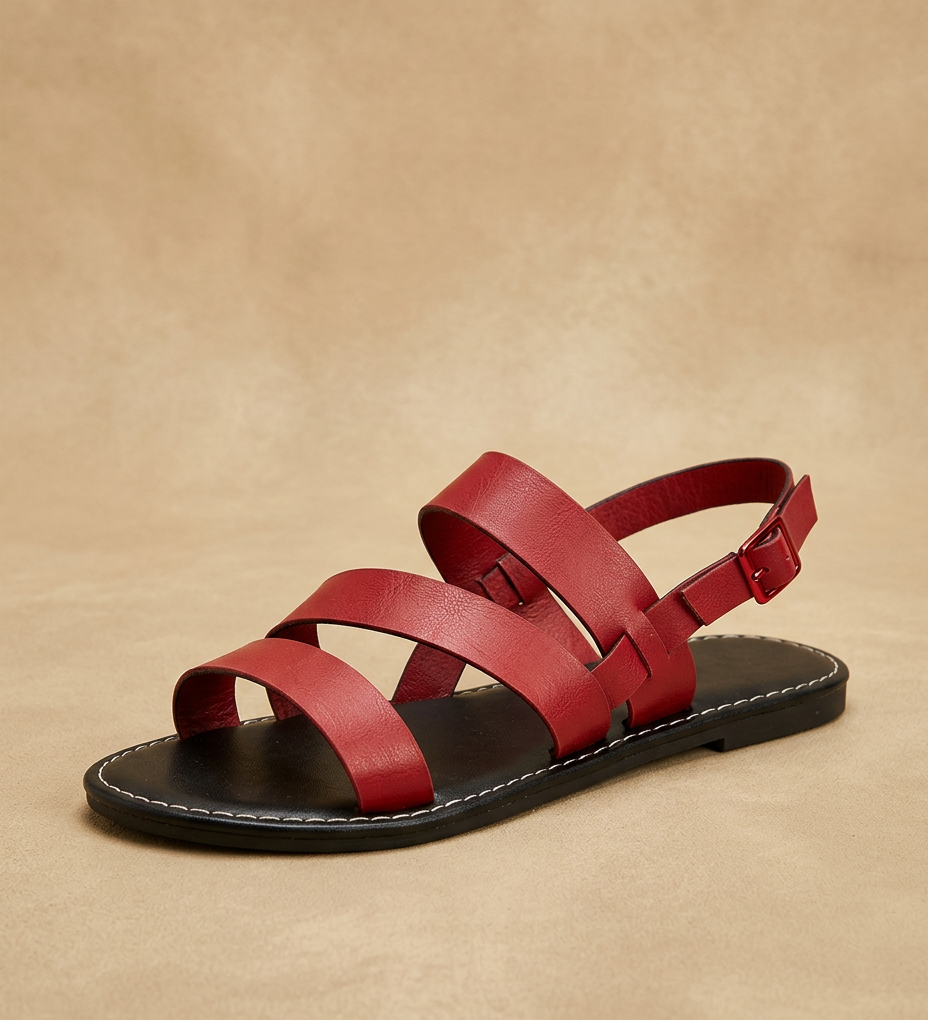 Sandalia Plana Cuero Tres Tiras Slingback Suela Lug Mujer