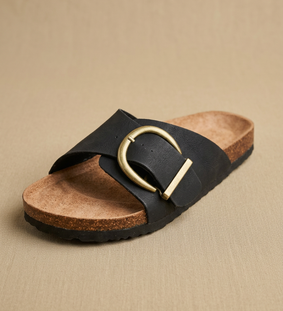 Sandalia Mule Corcho Ante Grabado Hebilla Grande Dorada Mujer