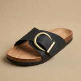 Sandalia Mule Corcho Ante Grabado Hebilla Grande Dorada Mujer