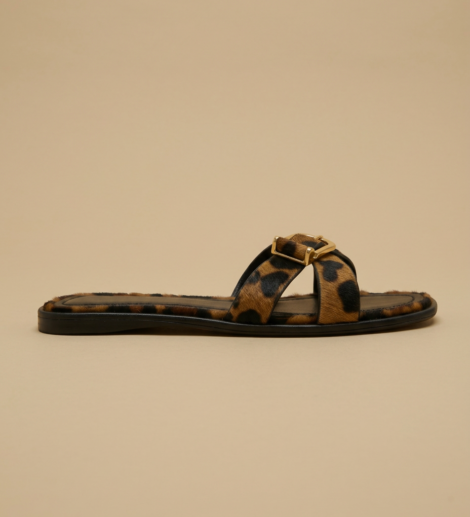 Sandalia Plana Estampado Cebra Hebilla Dorada