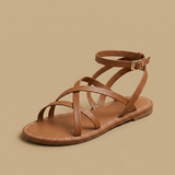 Sandalias Planas Tiras Cruzadas Tobillo Hebilla Dorada