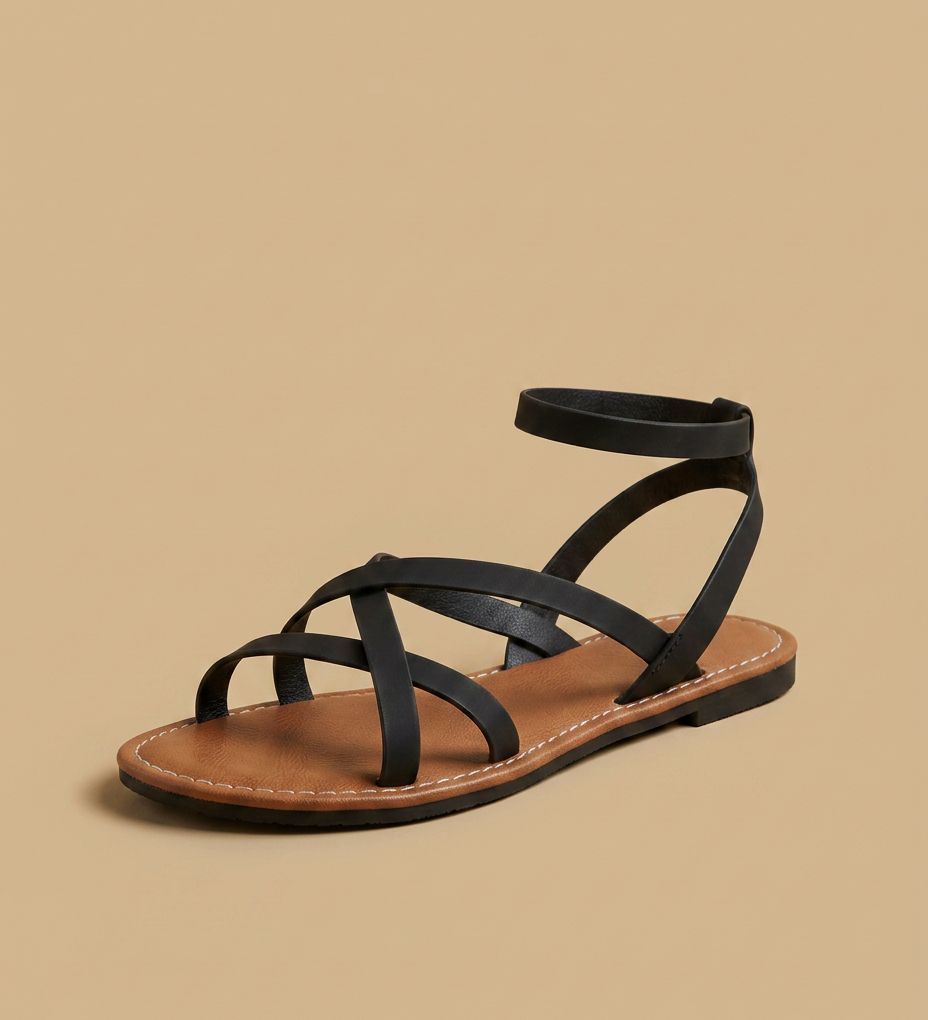 Sandalias Planas Tiras Cruzadas Tobillo Hebilla Dorada