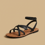 Sandalias Planas Tiras Cruzadas Tobillo Hebilla Dorada