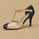 Tacones Vintage T-Strap Tricolor Piel con Hebilla Dorada