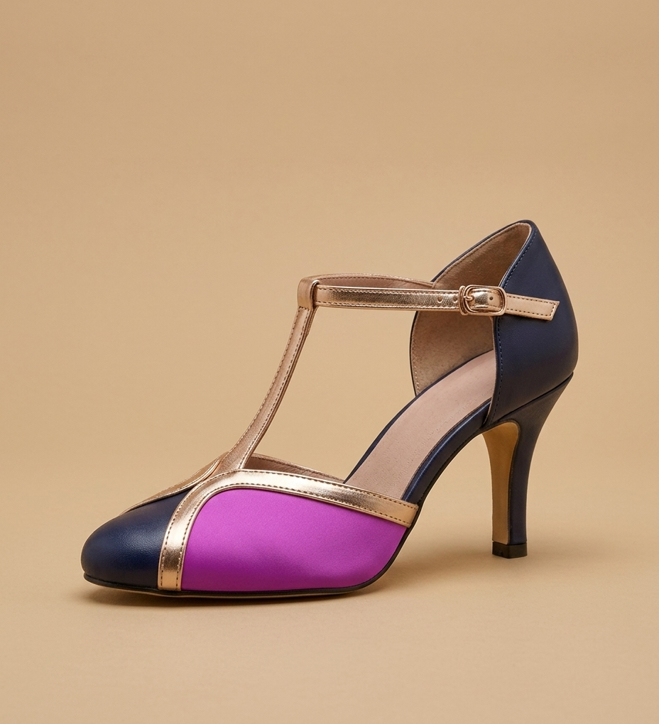 Tacones Vintage T-Strap Tricolor Piel con Hebilla Dorada