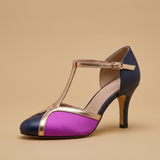 Tacones Vintage T-Strap Tricolor Piel con Hebilla Dorada