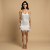 Vestido Corto Flecos Brillantes Plumas Fiesta Mujer