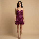 Vestido Corto Flecos Brillantes Plumas Fiesta Mujer