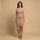 Vestido Midi Off Shoulder Drapeado Abertura Lateral Mujer