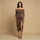 Vestido Midi Off Shoulder Drapeado Abertura Lateral Mujer