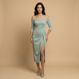 Vestido Midi Off Shoulder Drapeado Abertura Lateral Mujer