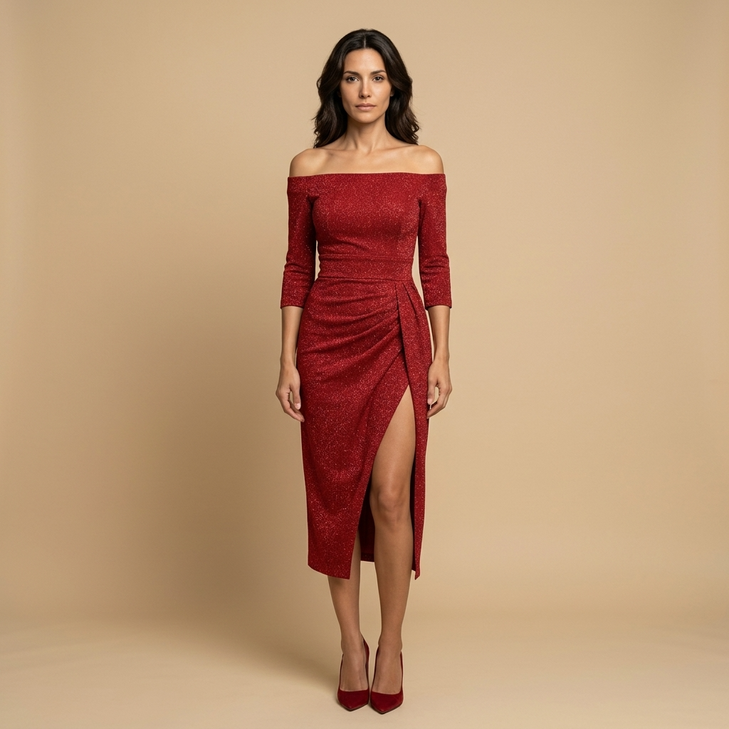Vestido Midi Off Shoulder Drapeado Abertura Lateral Mujer