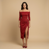 Vestido Midi Off Shoulder Drapeado Abertura Lateral Mujer