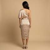 Vestido Midi Un Hombro Satén Drapeado Asimétrico