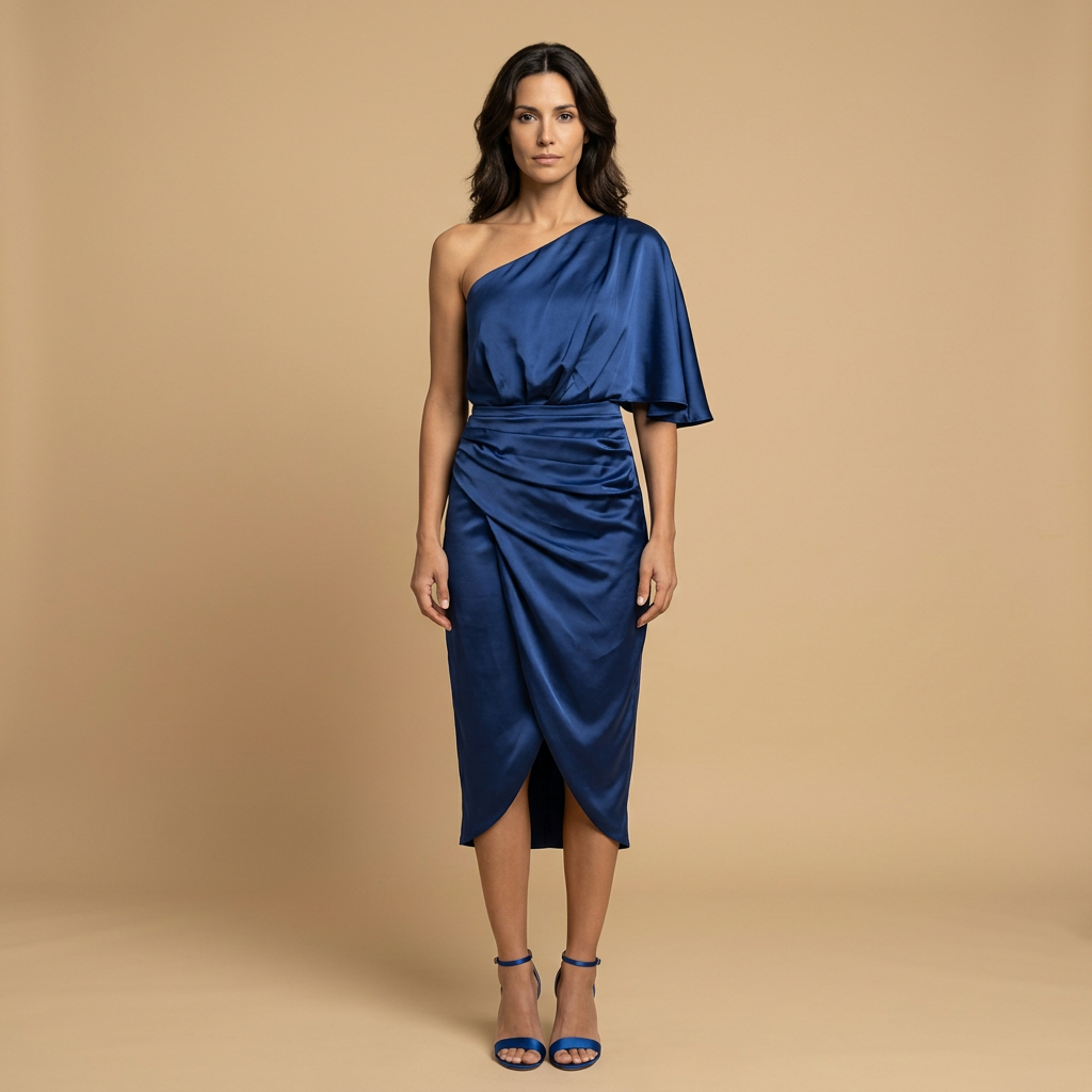 Vestido Midi Un Hombro Satén Drapeado Asimétrico