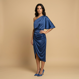 Vestido Midi Un Hombro Satén Drapeado Asimétrico