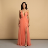 Vestido Largo Tul Escote V Tirantes Finos Mujer