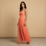 Vestido Largo Tul Escote V Tirantes Finos Mujer