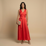 Vestido Largo Escote V Cruzado Vuelo Maxi Mujer
