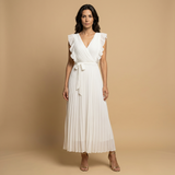 Vestido Largo Plisado Volantes Hombros Cinturón Mujer