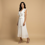 Vestido Largo Plisado Volantes Hombros Cinturón Mujer