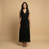 Vestido Largo Plisado Volantes Hombros Cinturón Mujer