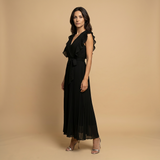 Vestido Largo Plisado Volantes Hombros Cinturón Mujer