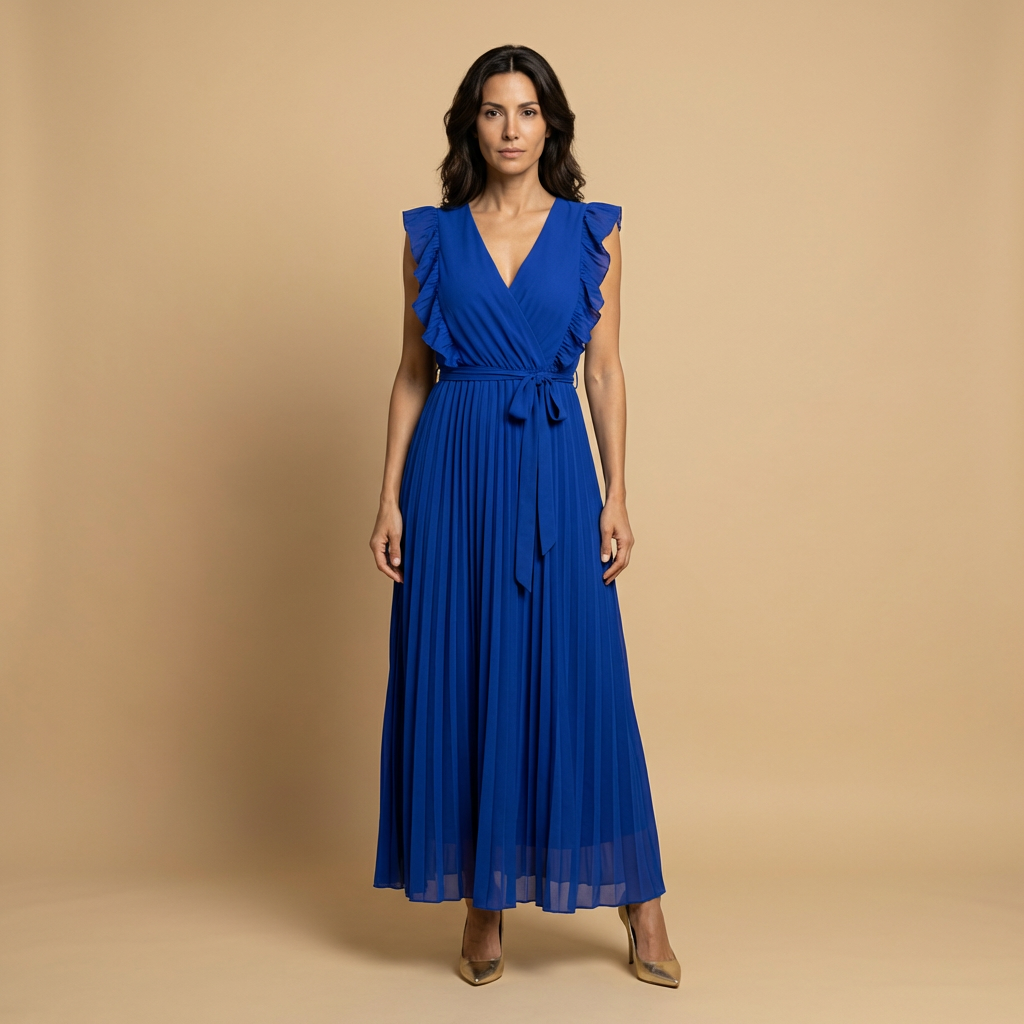 Vestido Largo Plisado Volantes Hombros Cinturón Mujer