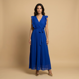 Vestido Largo Plisado Volantes Hombros Cinturón Mujer