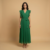 Vestido Largo Plisado Volantes Hombros Cinturón Mujer