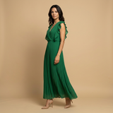 Vestido Largo Plisado Volantes Hombros Cinturón Mujer