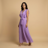Vestido Largo Plisado Volantes Hombros Cinturón Mujer