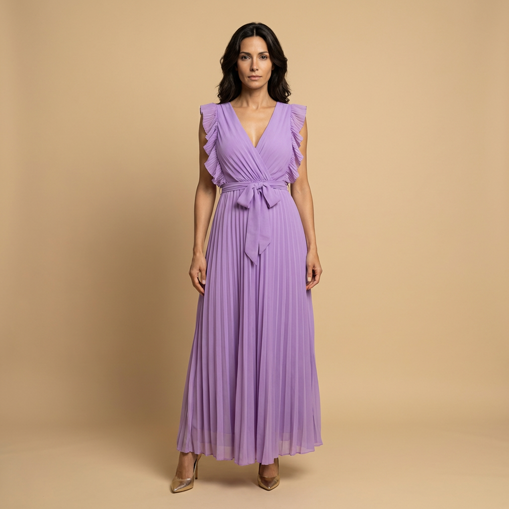 Vestido Largo Plisado Volantes Hombros Cinturón Mujer