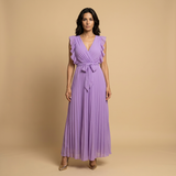 Vestido Largo Plisado Volantes Hombros Cinturón Mujer