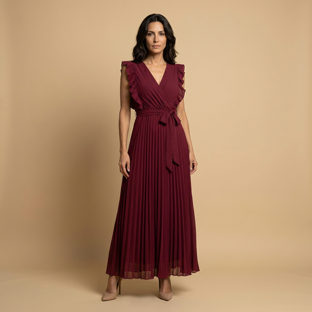Vestido Largo Plisado Volantes Hombros Cinturón Mujer
