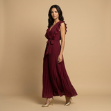 Vestido Largo Plisado Volantes Hombros Cinturón Mujer