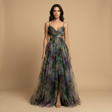 Vestido Largo Tul Floral Cut-out Tirantes Finos Mujer