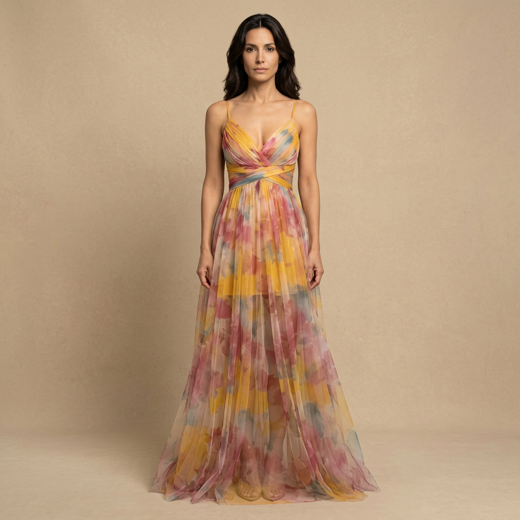Vestido Largo Tul Floral Cut-out Tirantes Finos Mujer