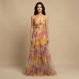 Vestido Largo Tul Floral Cut-out Tirantes Finos Mujer