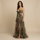 Vestido Largo Tul Floral Cut-out Tirantes Finos Mujer