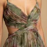 Vestido Largo Tul Floral Cut-out Tirantes Finos Mujer