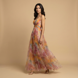 Vestido Largo Tul Floral Cut-out Tirantes Finos Mujer