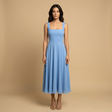 Vestido Midi Corset Escote Cuadrado Falda Vuelo Lino Mujer