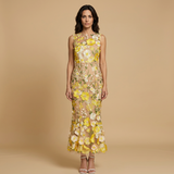 Vestido Largo Tul Bordado Floral Apliques 3D Mujer